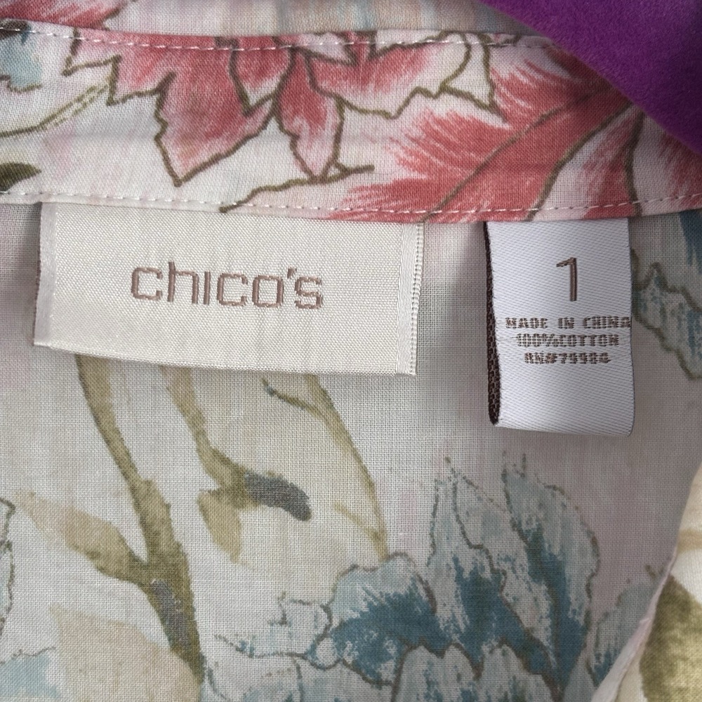 Chico's Floral Button-Up Blouse in Pink, Blue, Olive - Picture 4 of 9